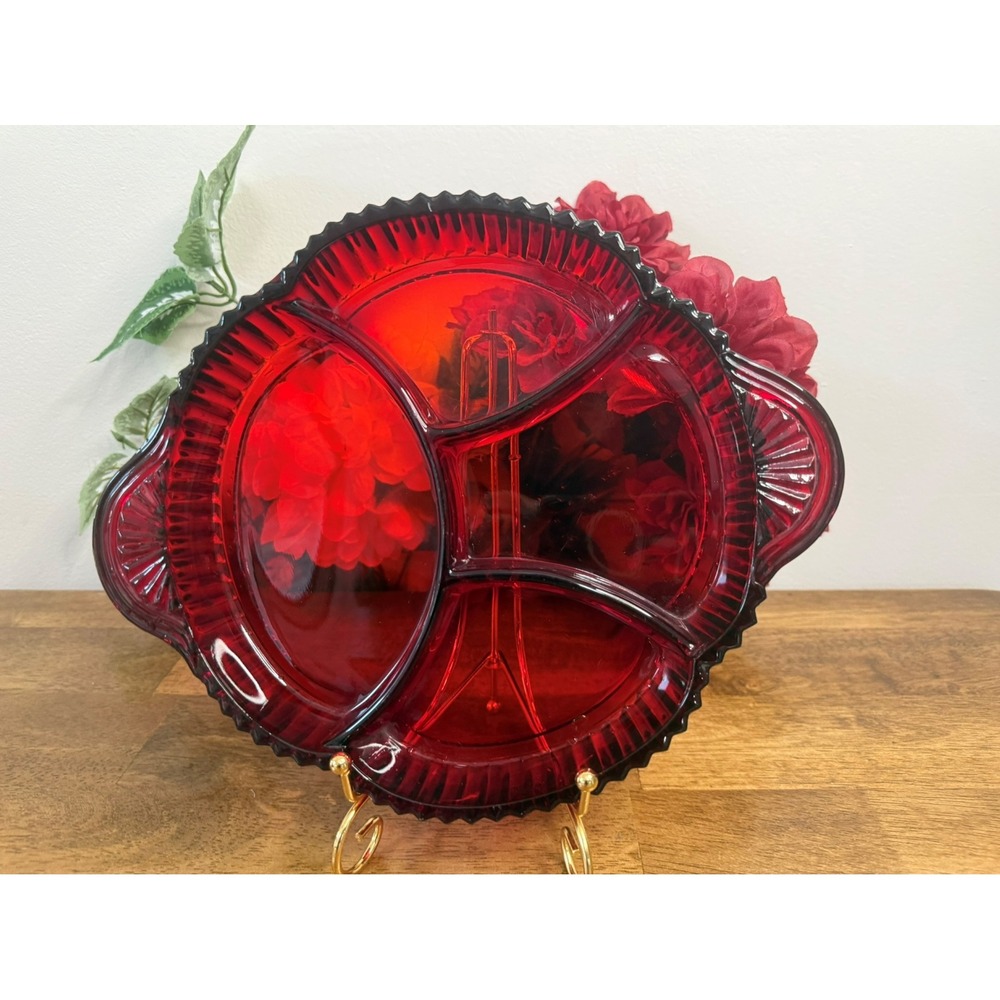 Vintage Ruby Red Divided Relish Dish – Mid-Century‎ Pressed Glass Serving Tray